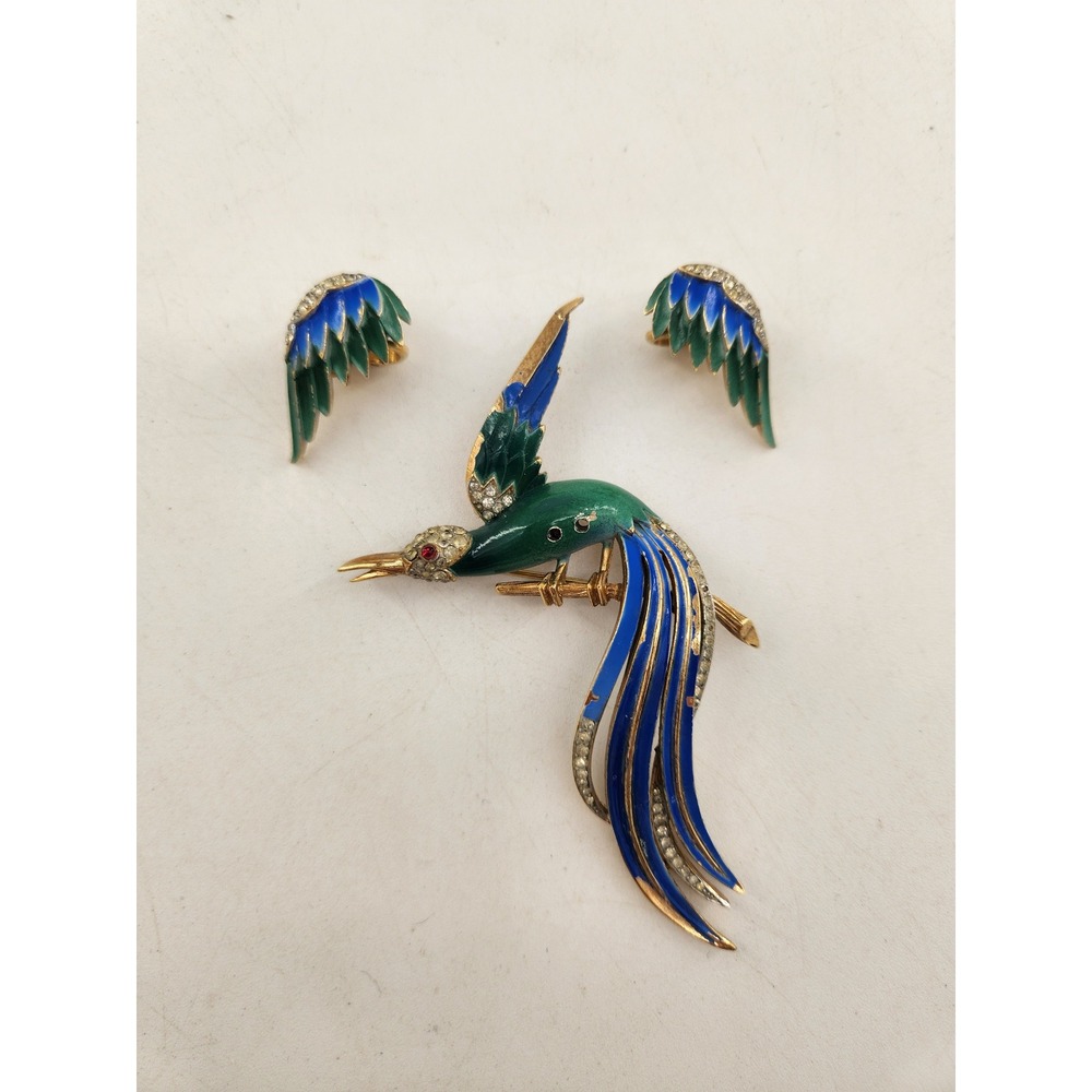 Trifari Birds of Paradise Brooch & Earring Set Blue Green‎ Enamel Rhinestone
